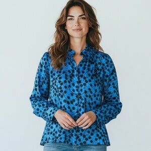 Adrianna Papell Vintage 100% Silk Blue Black Polka Dot Long Sleeve Blouse Size 8